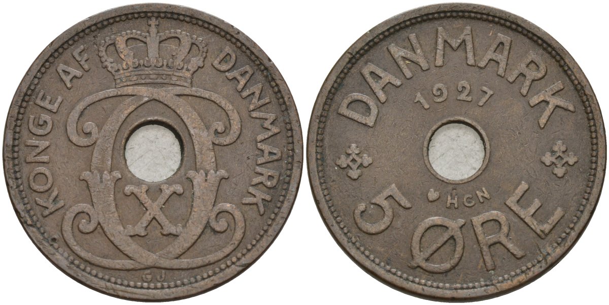 Дания 5 эре 1927 Кристиан X (1912-1947) KM 828 бронза 4148-213