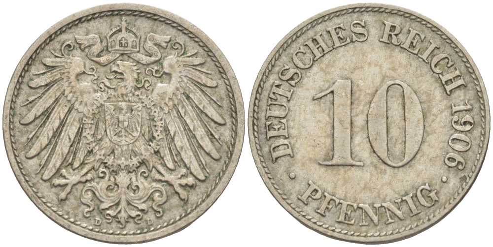 ГЕРМАНИЯ 10 ПФЕННИГОВ 1906 D KM 12, J. 13 медно-никель 34-833