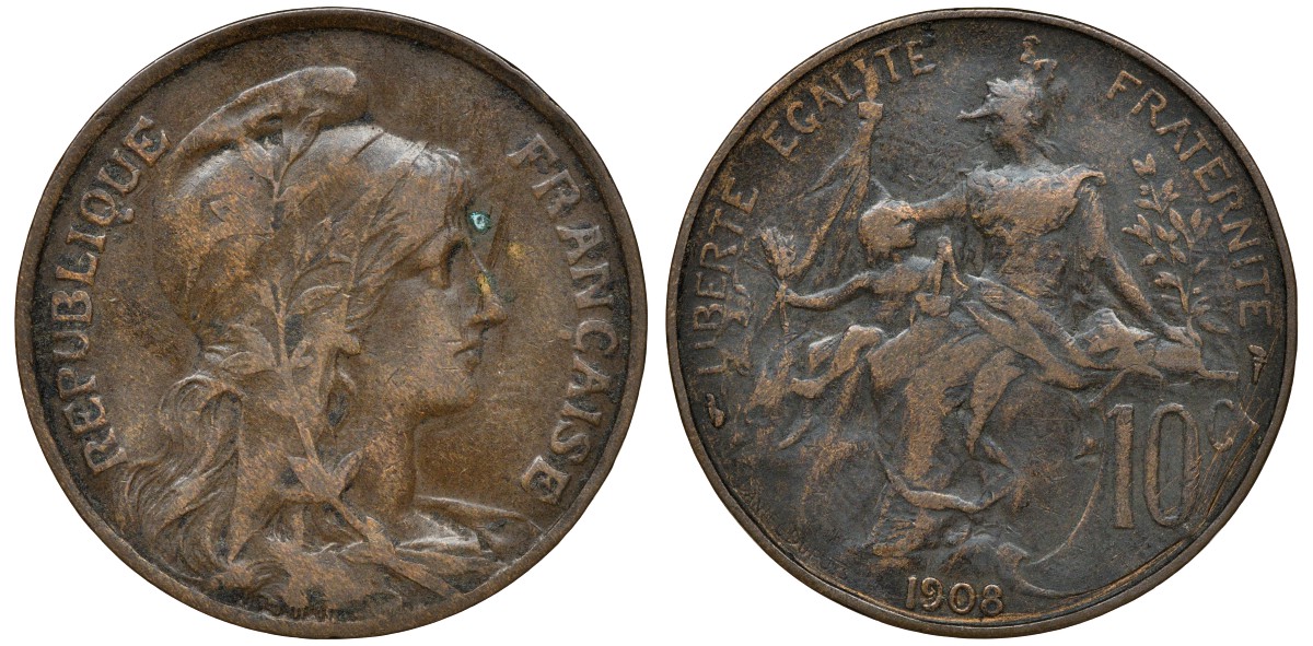 ФРАНЦИЯ 10 САНТИМОВ 1908 ТИП ДАНИЭЛЬ ДЮПЮИ KM 843, LA FRANC 136.18 бронза 72-1716
