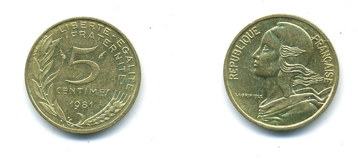 ФРАНЦИЯ 5 САНТИМОВ 1981 ТИП MARIANNE KM 933 медь алюминий никель 84-1544