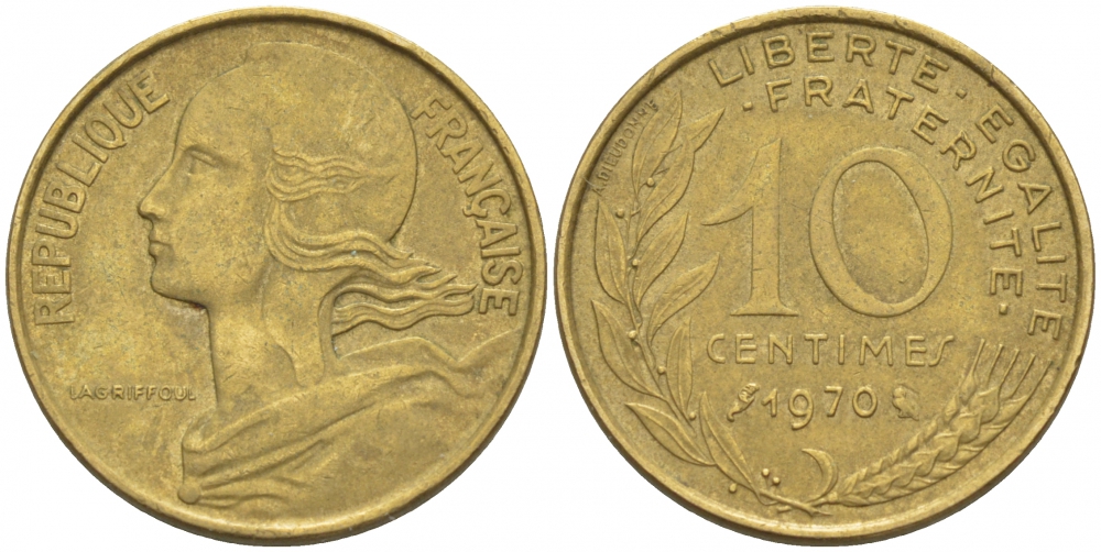 ФРАНЦИЯ 10 САНТИМОВ 1970 ТИП MARIANNE KM 929 медь алюминий никель 3309-1053