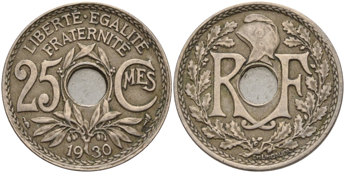 Франция 25 сантимов 1930 KM 867a, Le Franc 171.7 медно-никель 4143-437