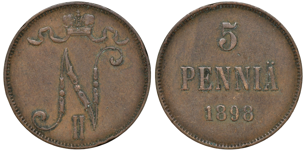Россия для Финляндии 5 пенни 1898 Николай II (1894-1917) KM 15, Биткин 443 медь 51-941