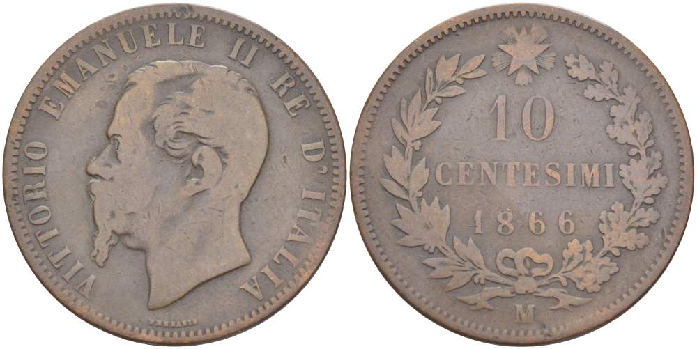 ИТАЛИЯ 10 ЧЕНТЕЗИМО 1866 M, МОНДВОР МИЛАН, ВИКТОР ЭММАНУИЛ II (1861-1878) KM 11.1 медь 4526-736