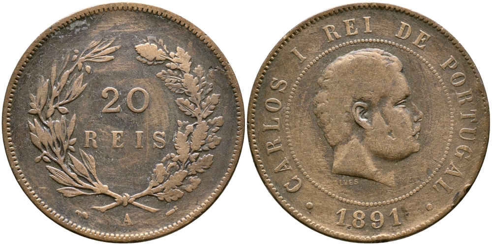 Португалия 20 рейсов 1891 А, Карлуш I (1889-1908) KM 533 бронза 74-434