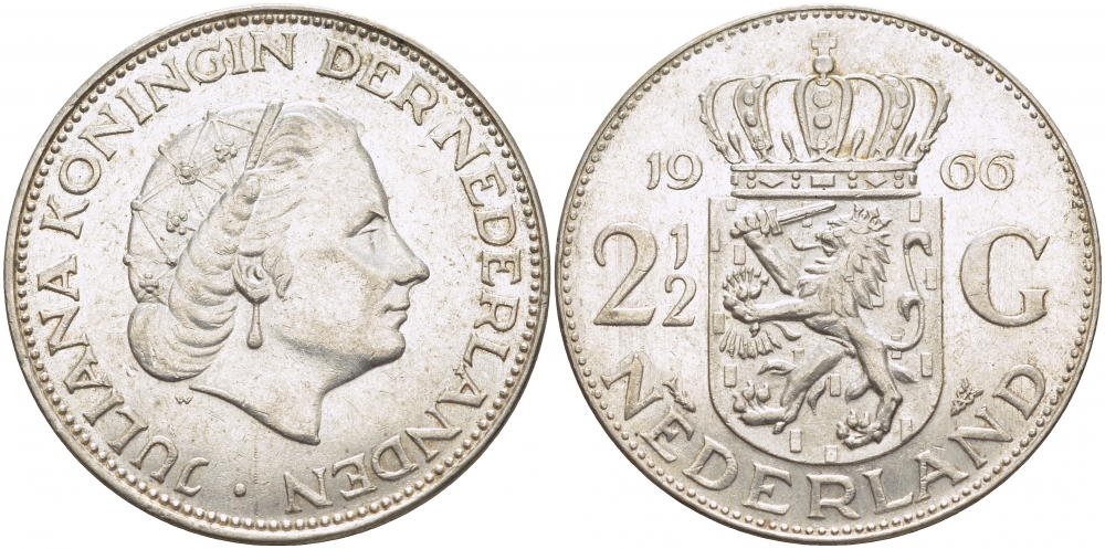 Нидерланды 2 1/2 гульдена 1966 Юлиана (1948-1980) KM 185 серебро 114-912
