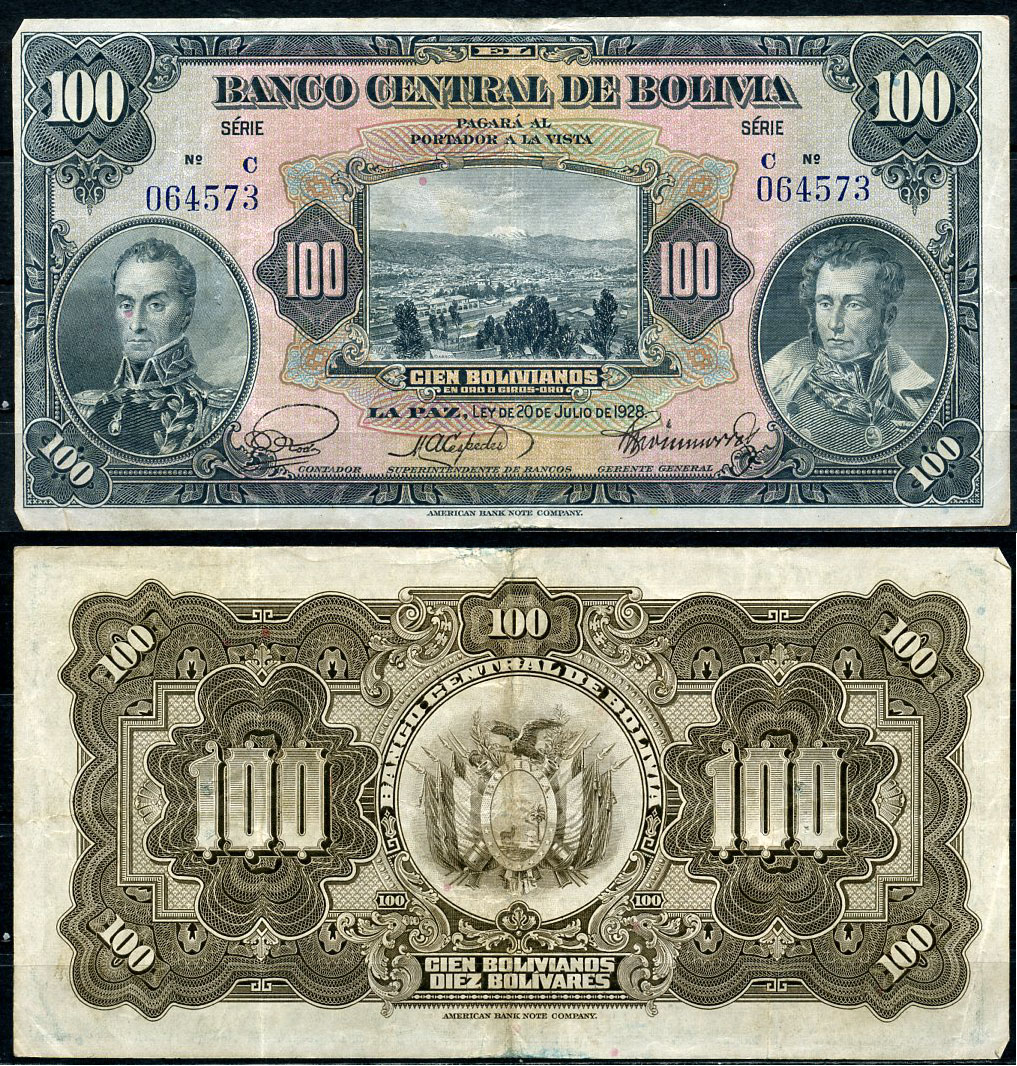 Боливия 100 боливиано 1928 серия C, Симон Боливар и Антонио Хосе Сукре Pick 125 a (3)  бумага   6285-45-3-1