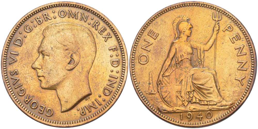 Великобритания 1 пенни 1940 Георг VI (1936-1952) KM 845, Spink 4114 бронза 180-126