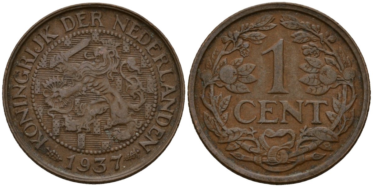 Нидерланды 1 цент 1937 Вильгельмина I (1890-1948) KM 152 бронза 4154-918