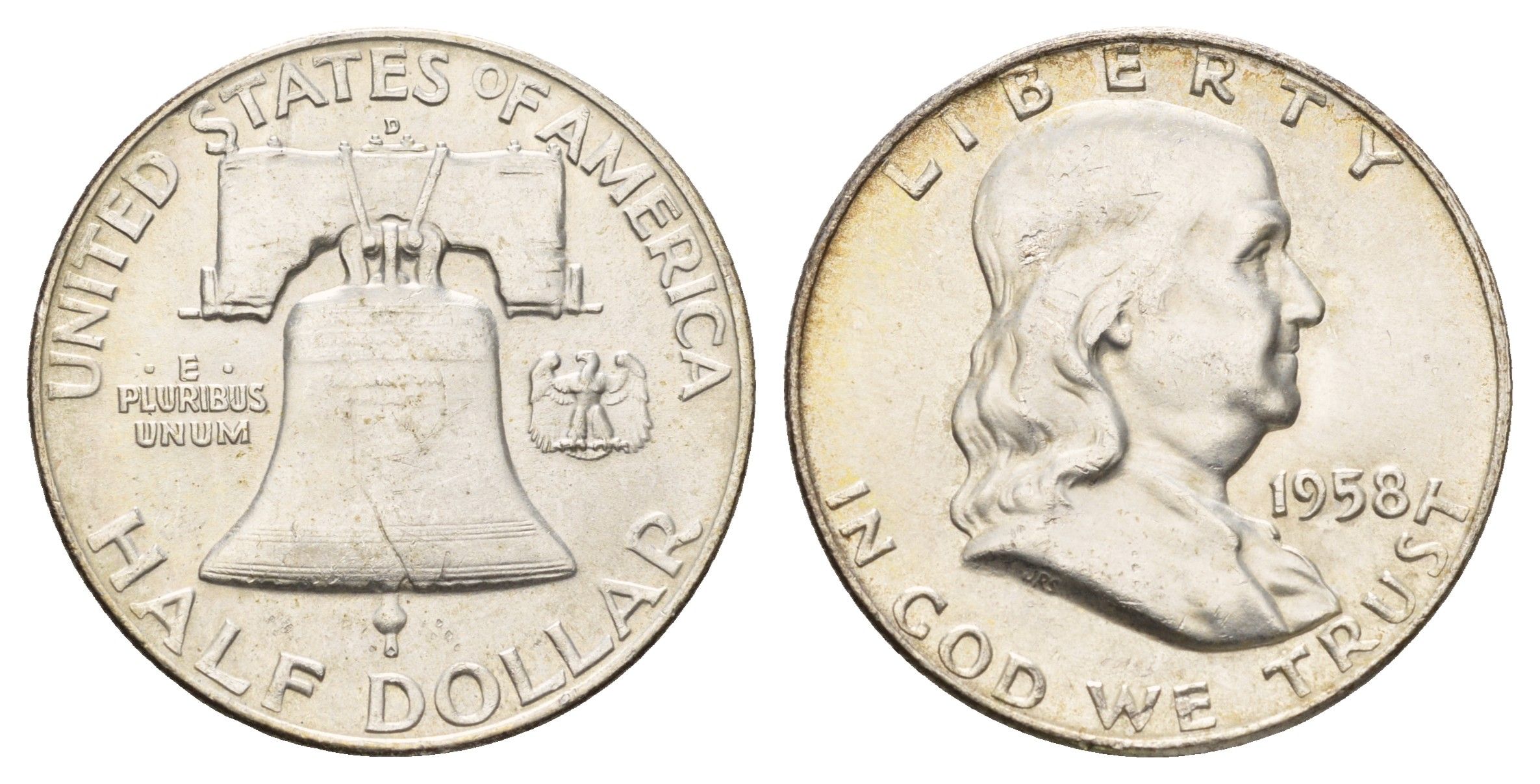 США 1/2 доллара (50 центов) 1958 D, Бенджамин Франклин, колокол KM 199 серебро aUNC 1529-442