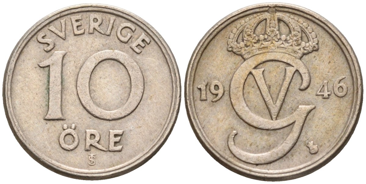 Швеция 10 эре 1946 TS, Густав V (1907-1950) KM 795 никель бронза 4147-851