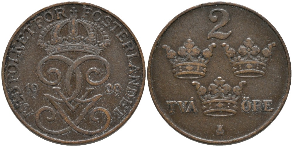 Швеция 2 эре 1909 Густав V (1907-1950) KM 778 бронза 63-1052