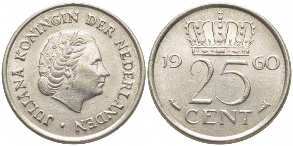 НИДЕРЛАНДЫ 25 ЦЕНТОВ 1960 ЮЛИАНА KM 183 никель 112-314