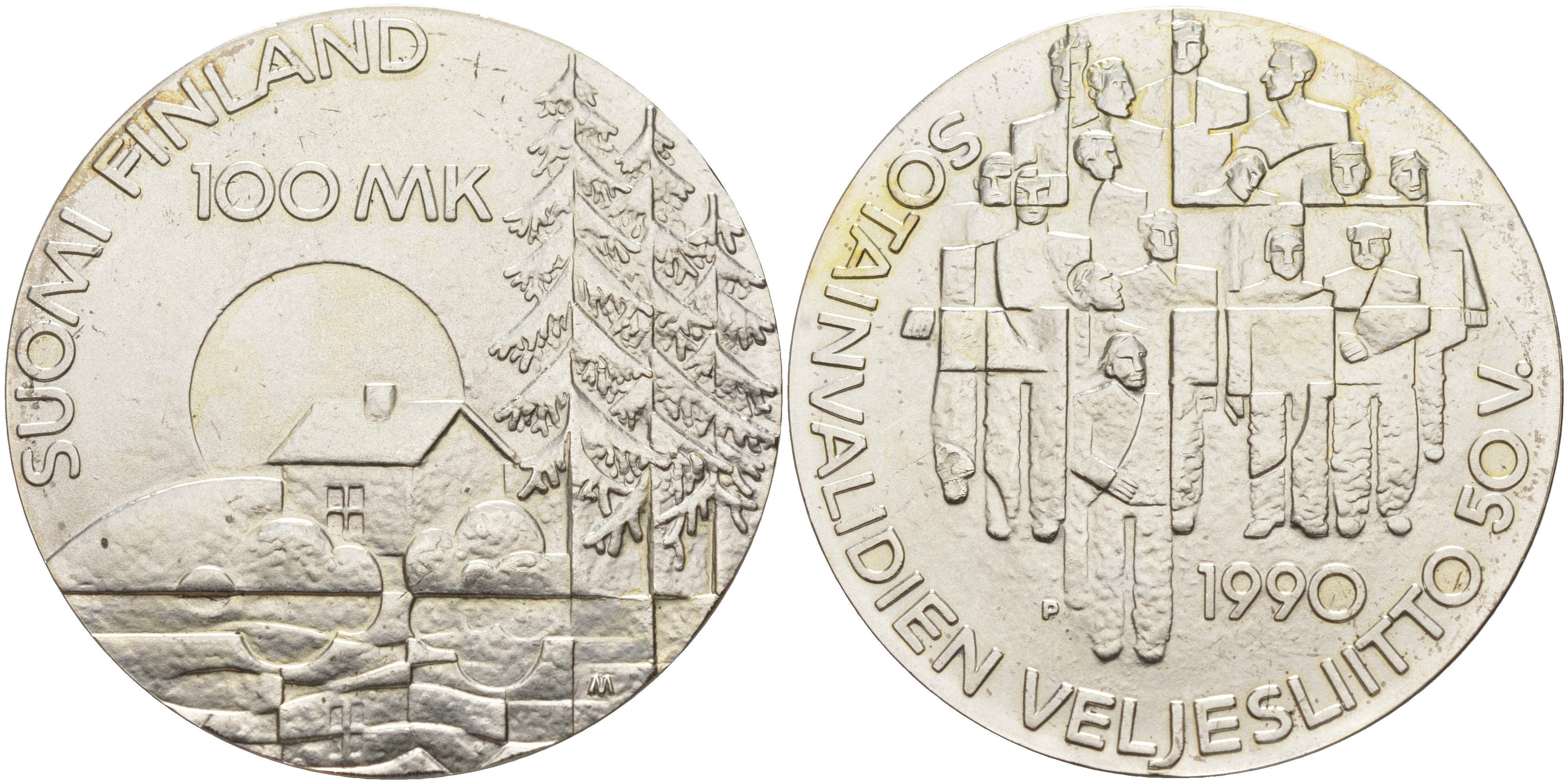 Финляндия 100 марок 1990 50 лет ассоциации ветеранов войны KM 67 серебро UNC 1523-644