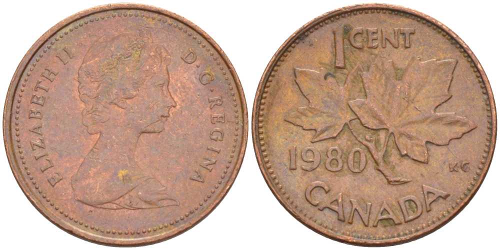 Канада 1 цент 1980 Елизавета II (1952-2022), кленовый лист KM 127 бронза 54-1131