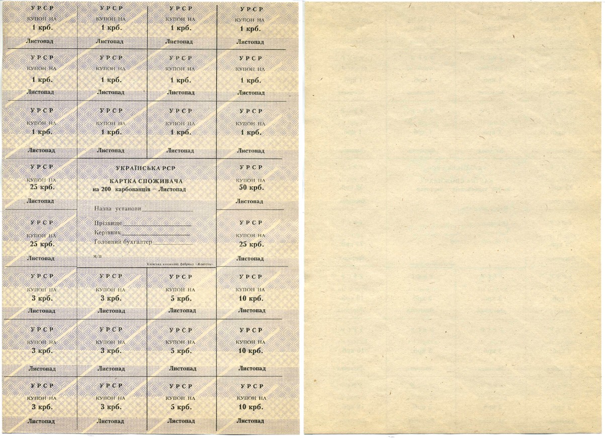 Украина карточка потребителя на 200 карбованцев 1991 месяц ноябрь, бланк, без печати и подписей Pick 72 m бумага аUNC 6207-17-1-2