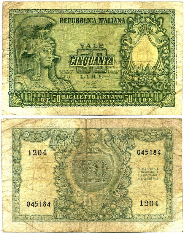 Италия 50 лир 1951 Афина Pick 91а бумага 7217-89-1-2