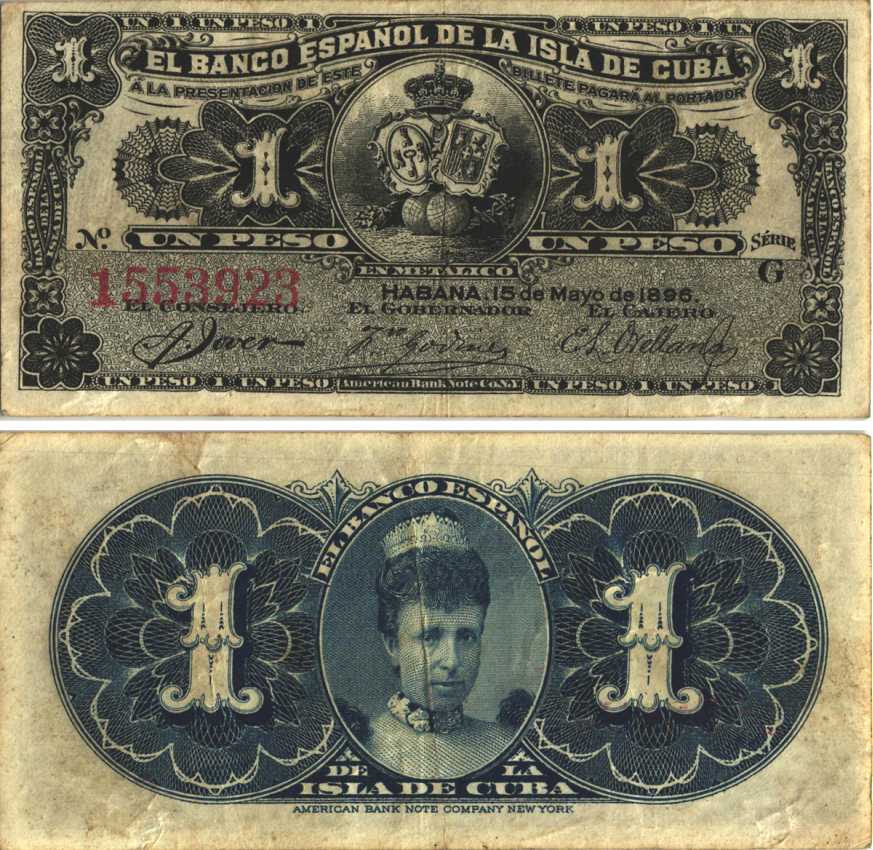 Куба 1 песо 1896 серия G, королева регент Мария Кристина, Испанский банк для Кубы Pick 47a  бумага   8614-18-2-2