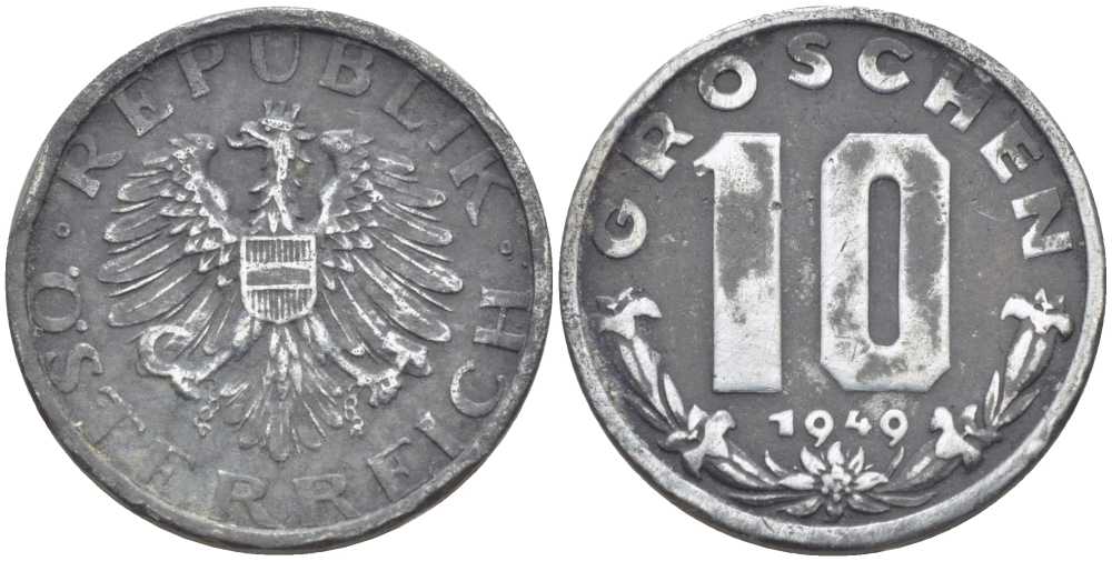 АВСТРИЯ 10 ГРОШЕЙ 1949 KM 2874 цинк 75-1558