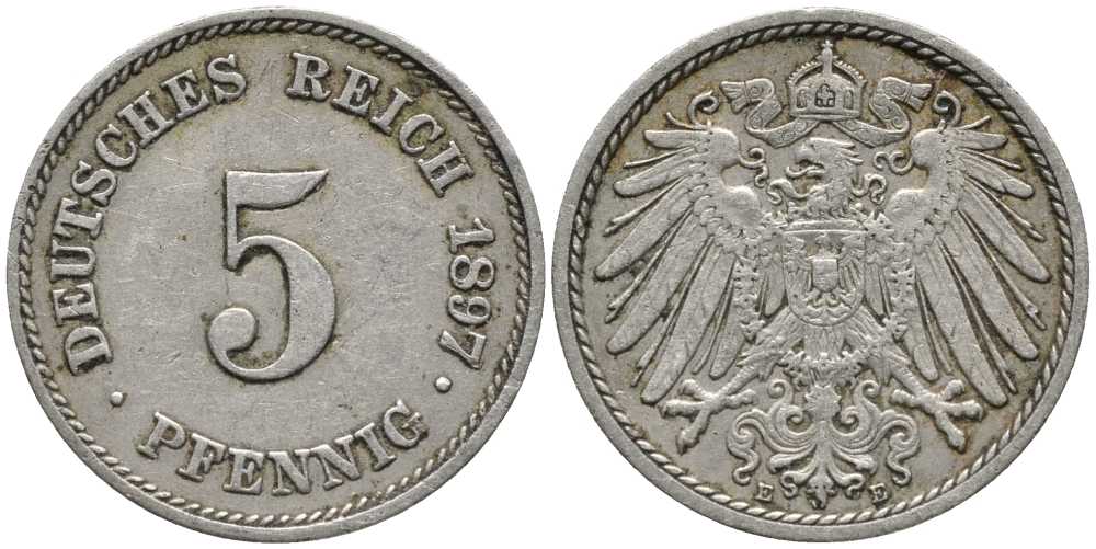 Германия 5 пфеннигов 1897 E KM 11, Jager 12, Weege 6 медно-никель 3334-1259