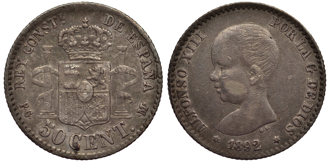 ИСПАНИЯ 50 СЕНТИМО 1892 (92) P.G-M, АЛЬФОНСО XIII КМ 690 серебро 1521-112