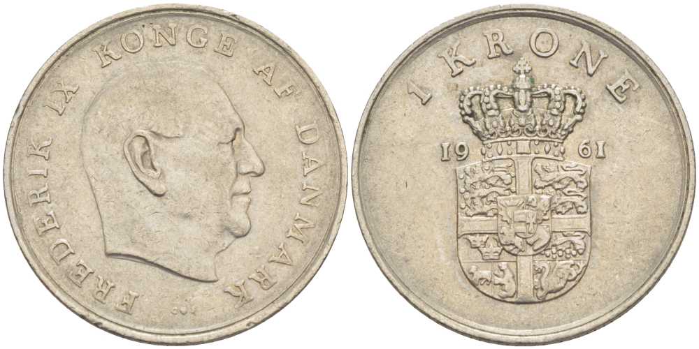 ДАНИЯ 1 КРОНА 1961 C; S, ФРЕДЕРИК IX (1947-1972) KM 851.1 медно-никель 38-522