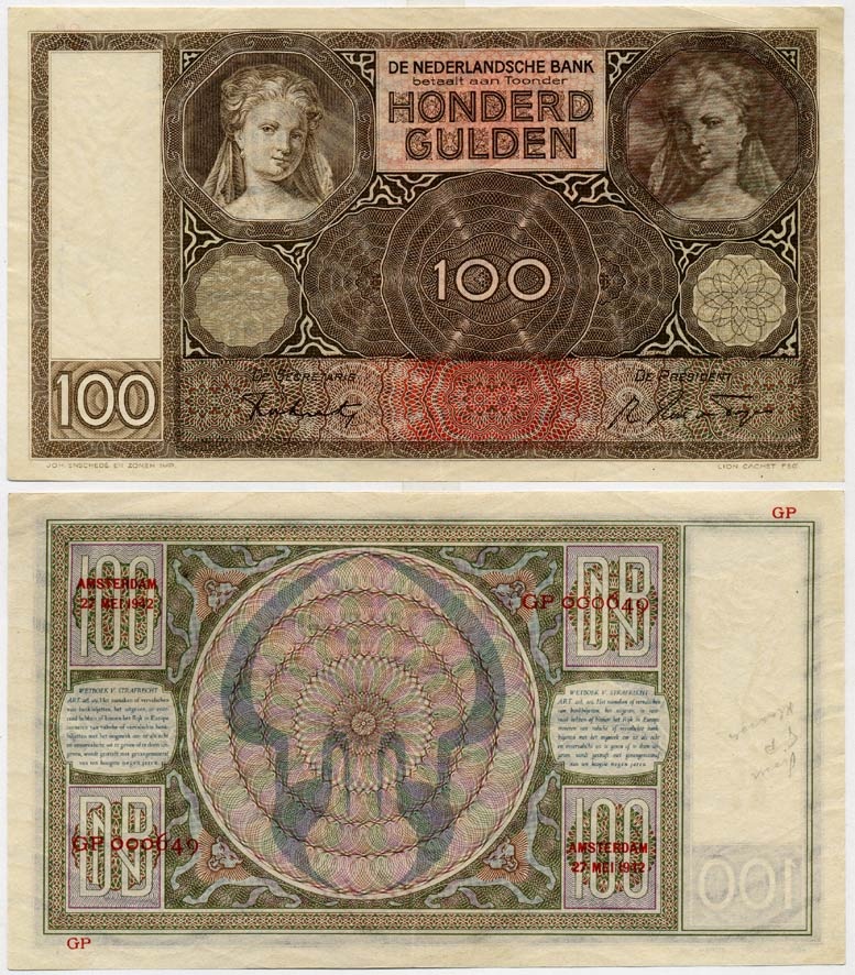 Нидерланды 100 гульденов 1942 Мария Магдалина, 21 мая 1942 Pick 51 c бумага aUNC 000-000-00