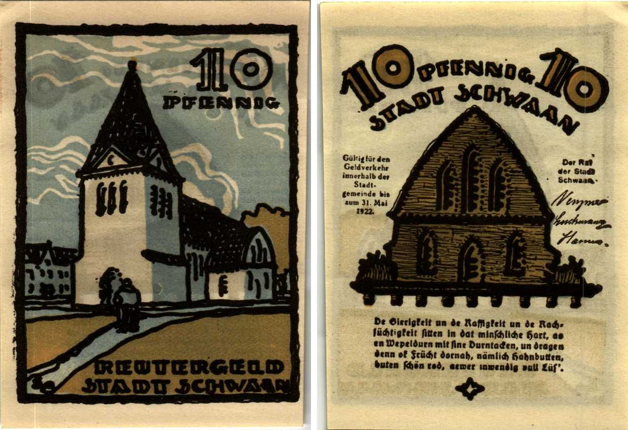 ШВАН 10 ПФЕННИГОВ 1922 НОТГЕЛЬД, 31 МАЯ 1922, ЗЕМЛЯ МЕКЛЕНБУРГ ПЕРЕДНЯЯ ПОМЕРАНИЯ Grabowski 1203.2 бумага 7547-93-2-2