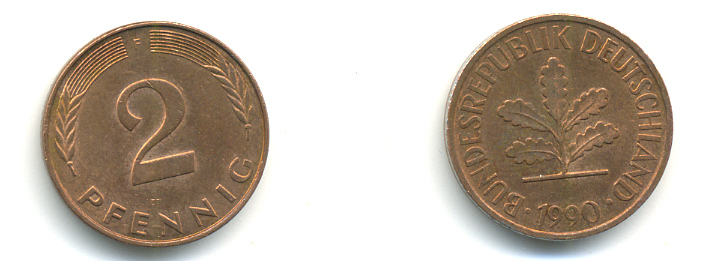 ФРГ 2 ПФЕННИГА 1990 F KM 106a, J.381a сталь плакированная сталь плакированная медьюю 176-714