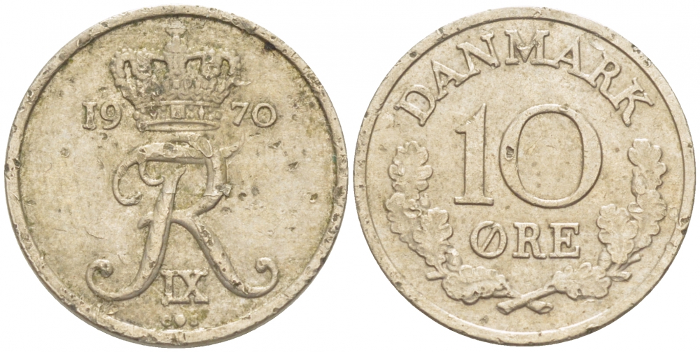 ДАНИЯ 10 ЭРЕ 1970 C; S, ФРЕДЕРИК IX (1947-1972) KM 849.1 медно-никель 3309-156
