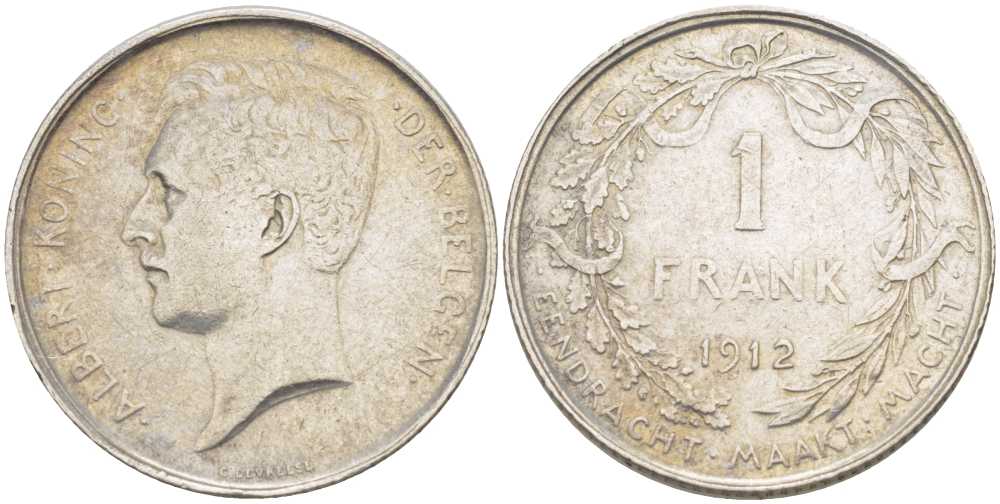 Бельгия 1 франк 1912 Альберт I (1909-1934), Der Belgen KM 73.1 серебро 202-1123