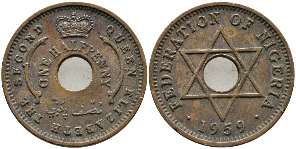 Нигерия 1/2 пенни 1959 Елизавета II (1952-), Британский протекторат KM 1 бронза 4387-457