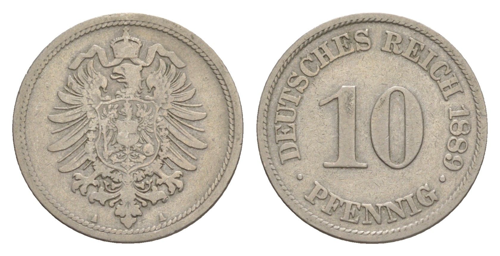 Германия 10 пфеннигов 1889 A, Вильгельм II (1888-1918) KM 4, J. 4 медно-никель 4640-223