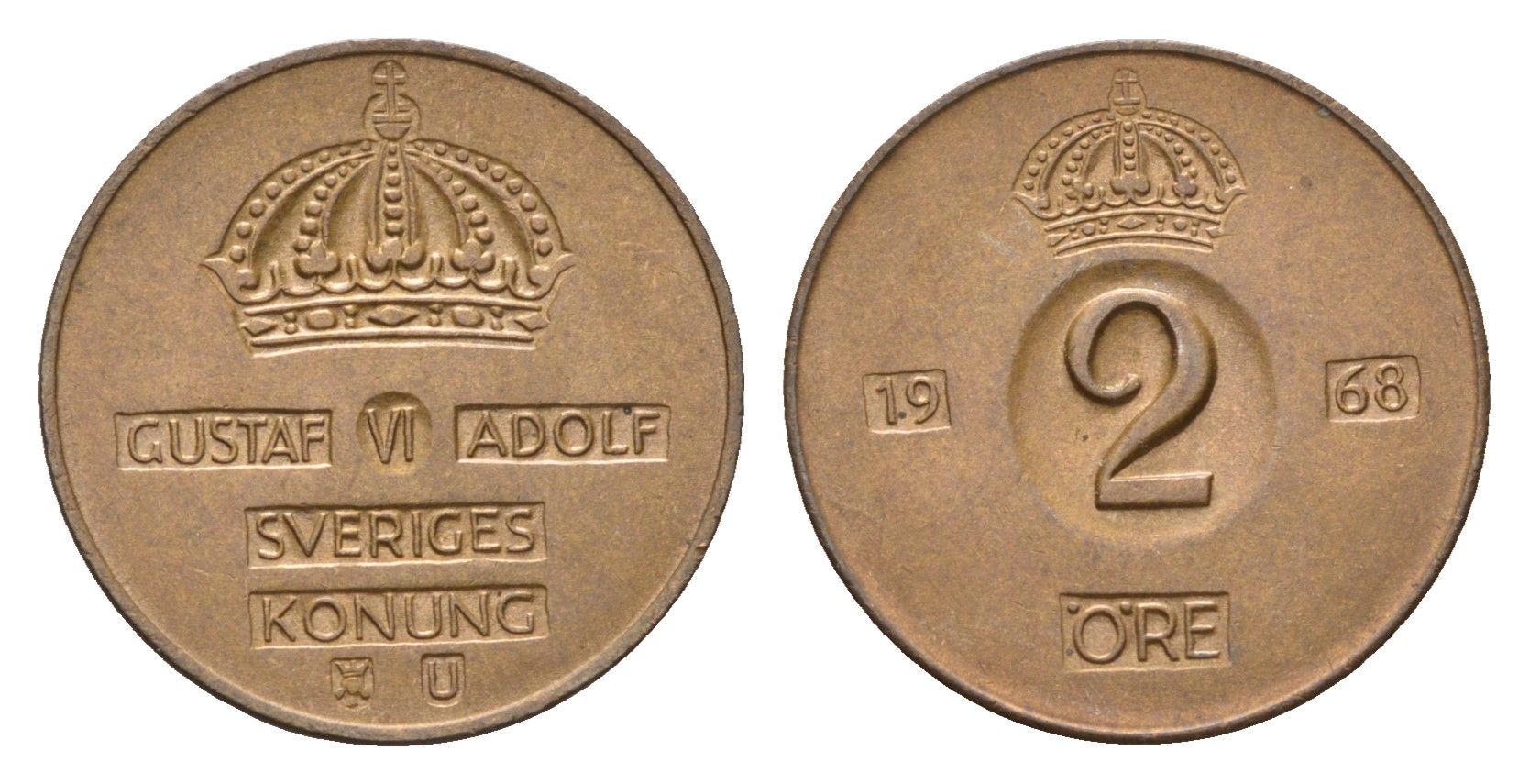 Швеция 2 эре 1968 TS, Густав VI Адольф (1950-1973) KM 821 бронза 27-235