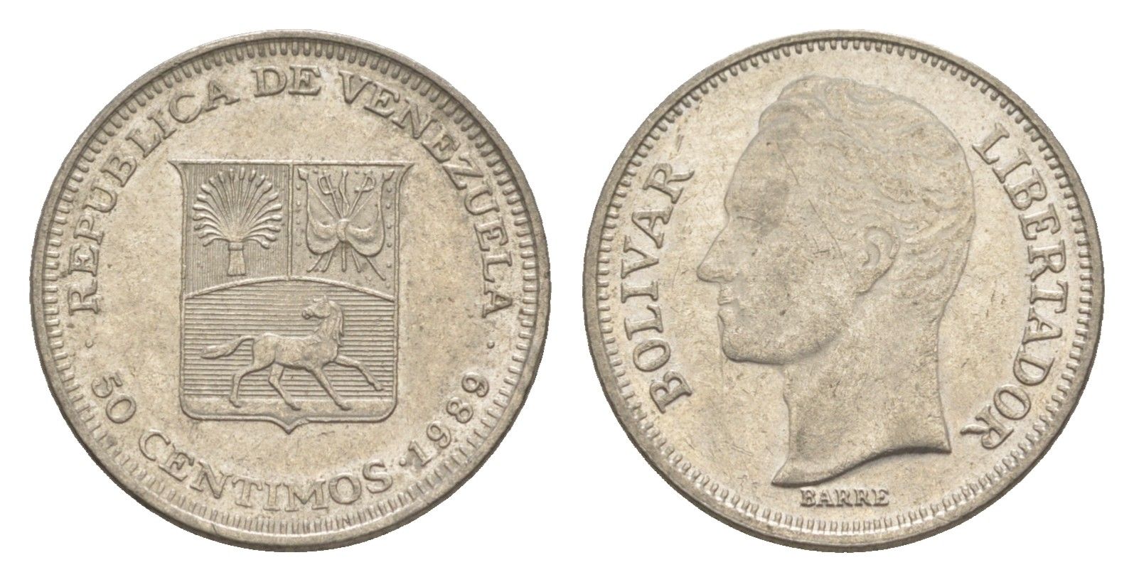 Венесуэла 50 сентимо 1989 Симон Боливар Y 41a сталь плакированная никелем 4584-342