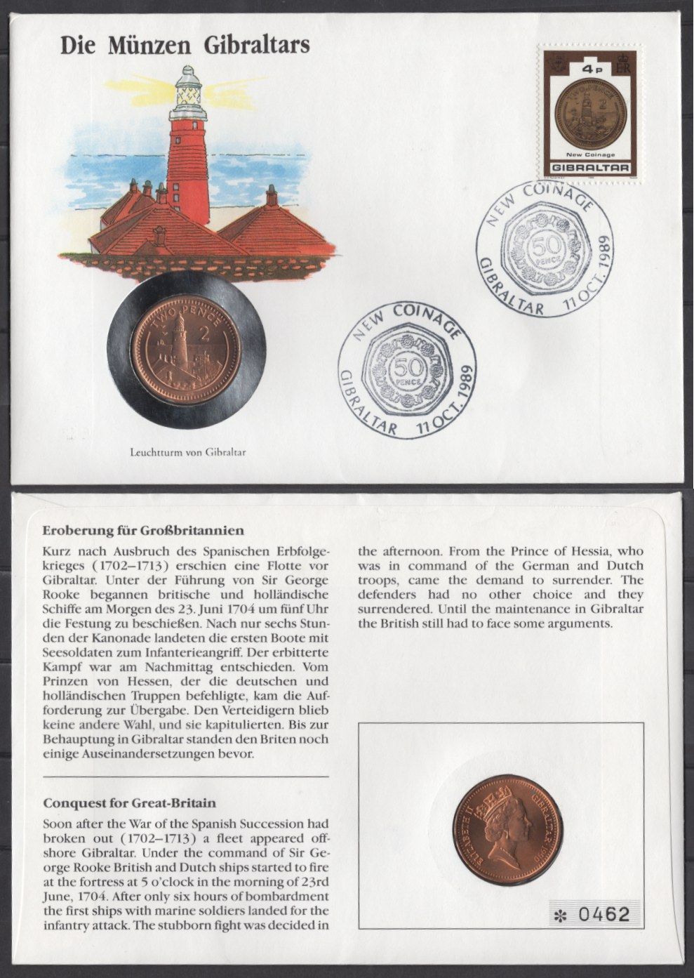 Гибралтар 2 пенса 1990 в конверте с маркой (КПД - Конверт первого дня Гашения) KM 21 бронза UNC 9003-63