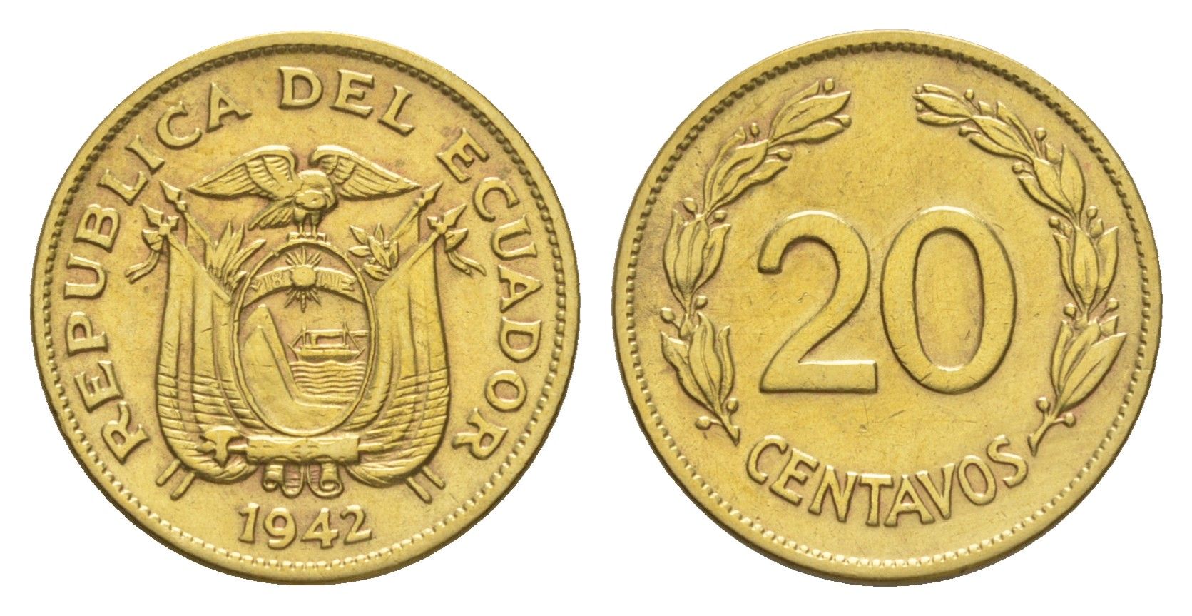 Эквадор 20 сентаво 1942 KM 77.1a латунь aUNC 4640-1214