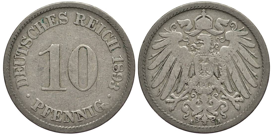 ГЕРМАНИЯ 10 ПФЕННИГОВ 1893 A KM 12, Jager 13, Weege 8 медно-никель 4381-541