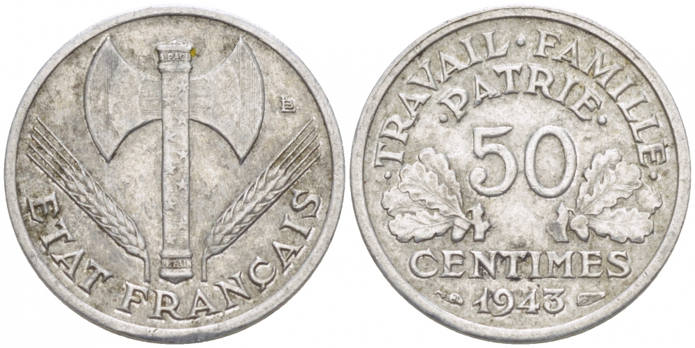 ФРАНЦИЯ 50 САНТИМОВ 1943 ПРАВИТЕЛЬСТВО ВИШИ KM 914.1, LE FRANC 196.1 алюминий 3955-639