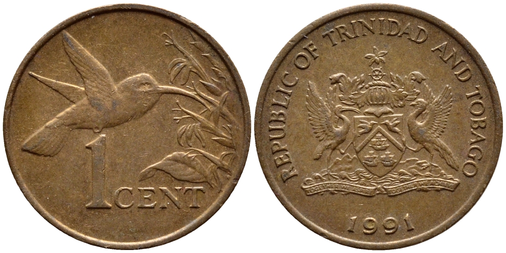 Тринидад и Тобаго 1 цент 1991 колибри KM 29 бронза 4396-1015