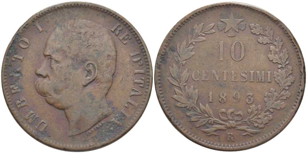 ИТАЛИЯ 10 ЧЕНТЕЗИМО 1893 R, УМБЕРТО I (1878-1900) KM 27.1 медь 111-826