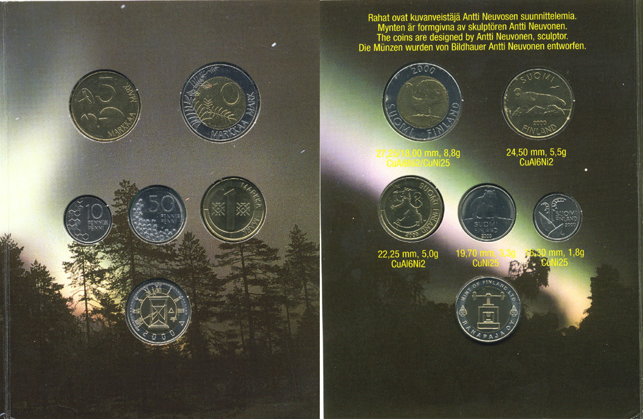 Финляндия годовой набор из 5 монет 2000 + жетон биметалл серия II, официальный набор в оригинальном буклете UNC 5-6-2-5