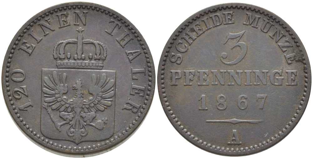 ПРУССИЯ 3 ПФЕННИГА 1867 А, ВИЛЬГЕЛЬМ I (1861-1888) KM 482 медь 117-937