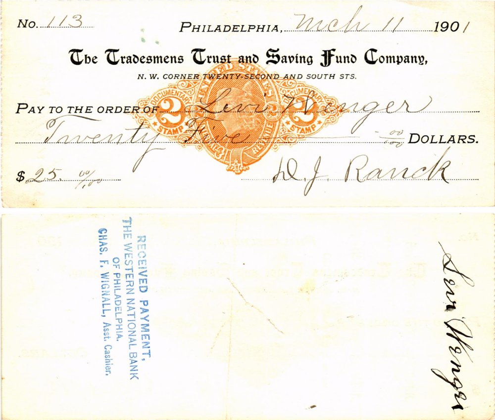 США чек на 25 долларов 1901 Филадельфия бумага 6287-21-1-2
