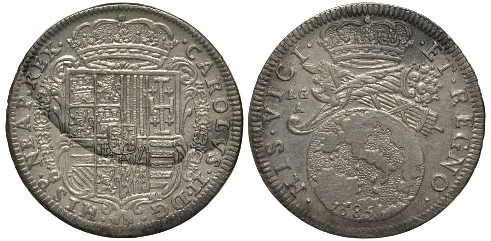 Неаполь и Сицилия тари (2 карлини) 1685 Карл II Испанский серебро aUNC 00-822-05