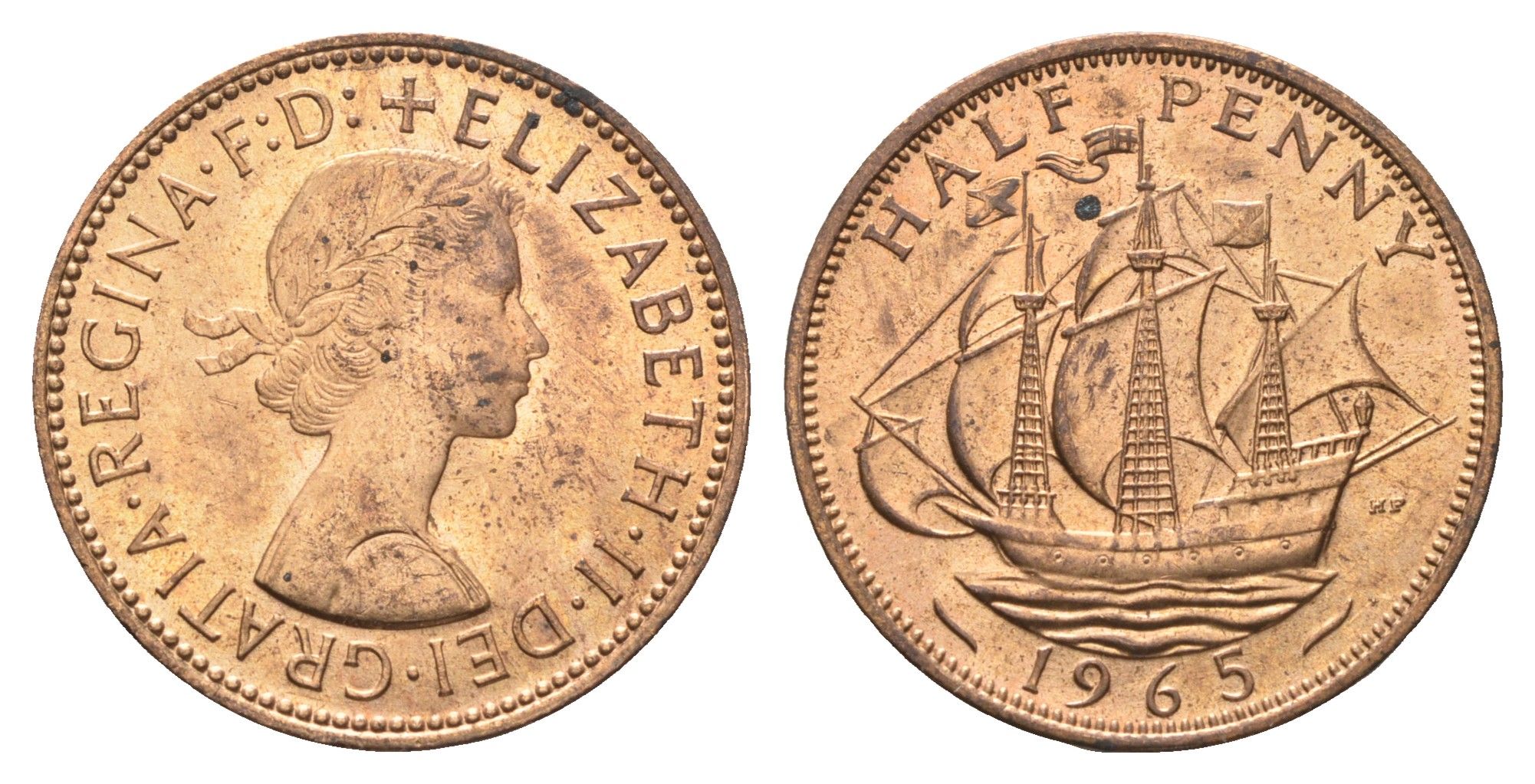 Великобритания 1/2 пенни 1965 Елизавета II (1952-2022) KM 896, Spink 4158 бронза aUNC 4662-1233