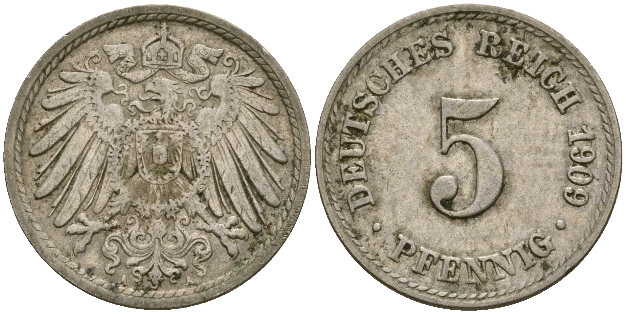 Германия 5 пфеннигов 1909 A, KM 11, J. 12 медно-никель 4608-853
