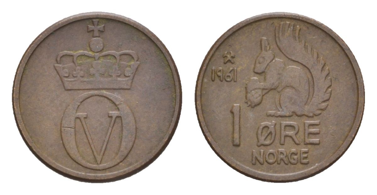 Норвегия 1 эре 1961 Улаф V (1957-1991) KM 403 бронза 4632-1113