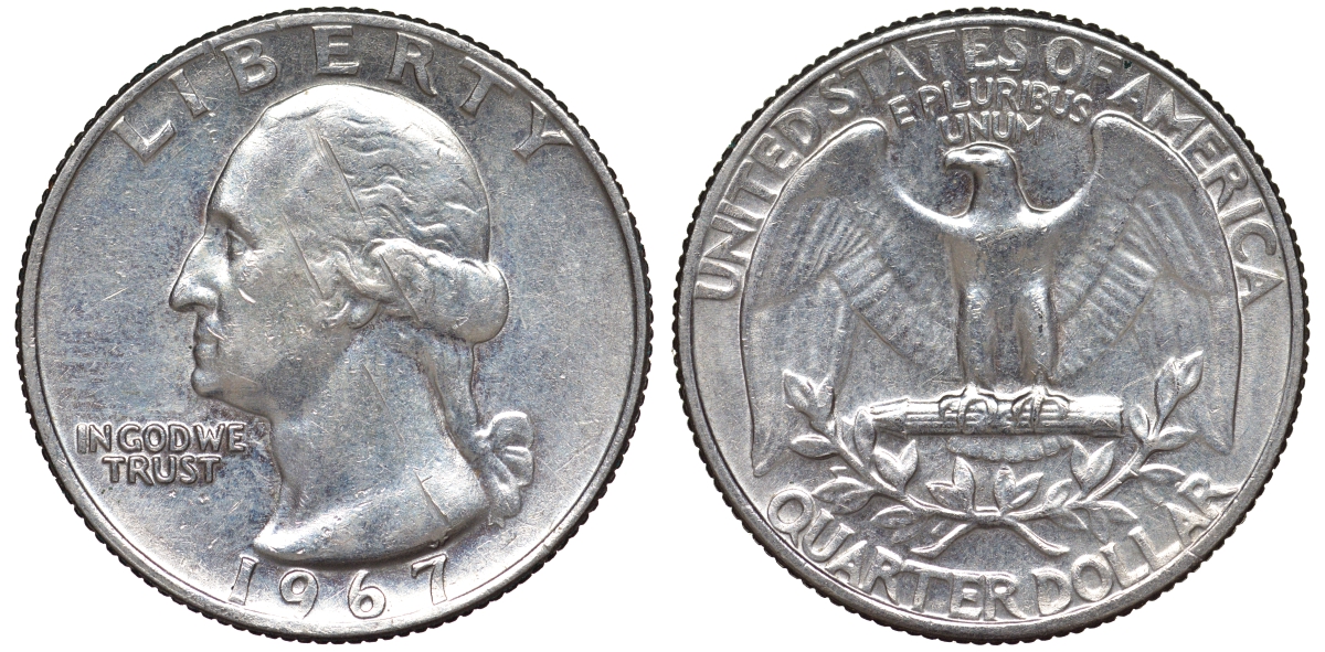 США 25 центов (квотер) 1967 Вашингтон KM 164a медь плакированная медно-никелем 53-855