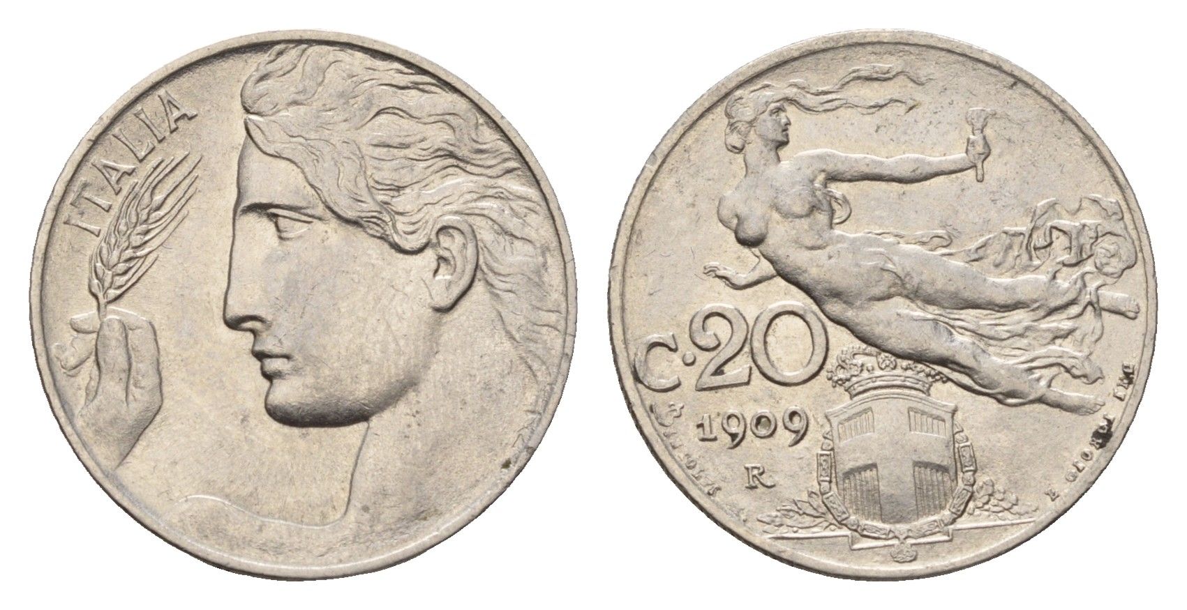 Италия 20 чентезимо 1909 R, Виктор Эммануил III (1900-1946) KM 44 никель 3996-955